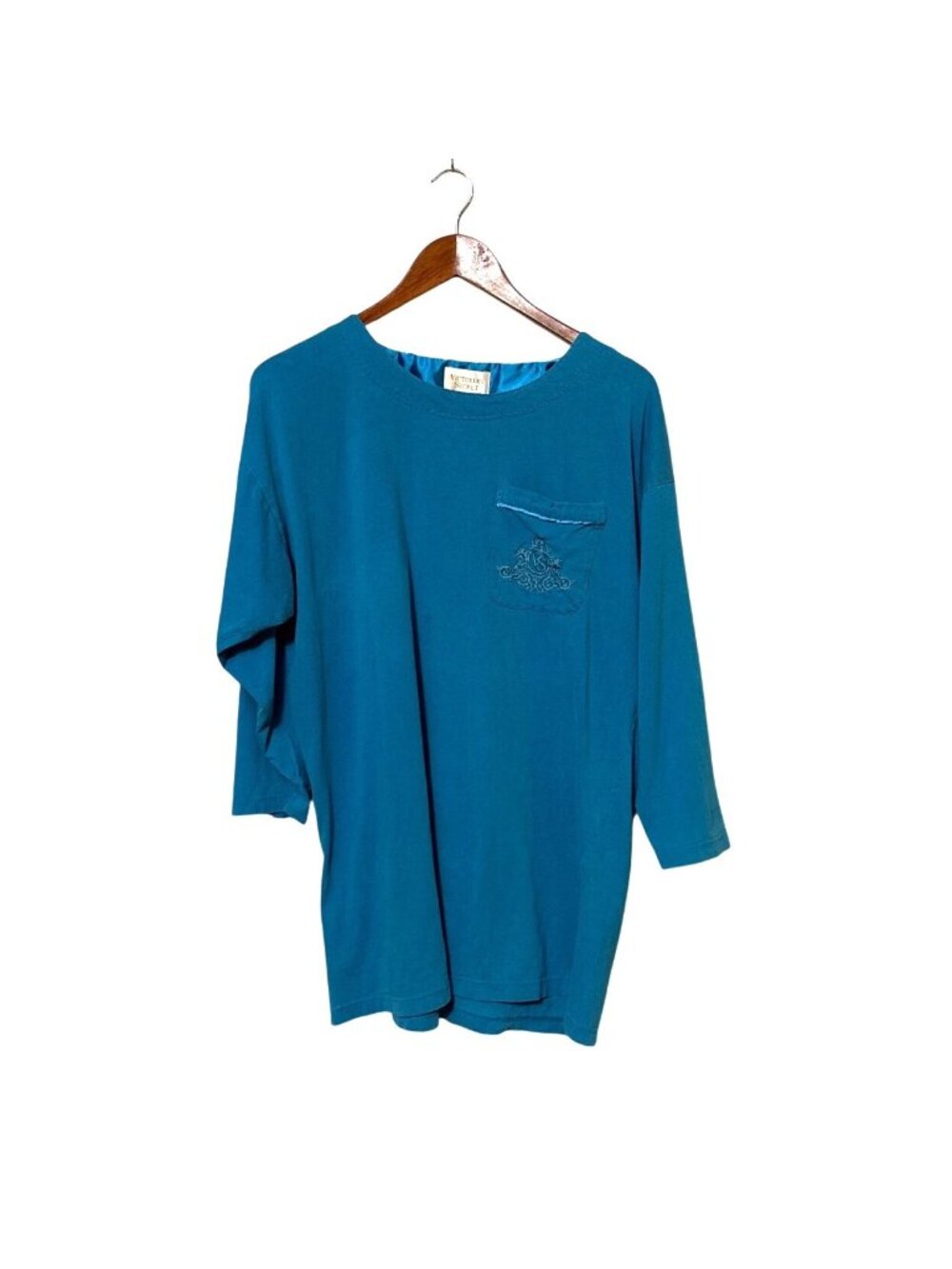 Vtg Victoria Secret Teal  Pocket T-Shirt Soft Cotton Embroidered Sleep Shirt